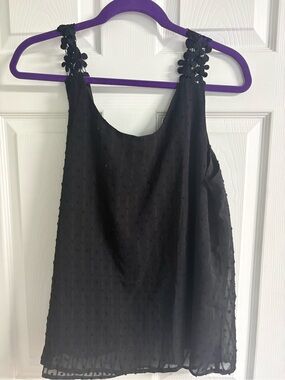 Black Sleeveless Swiss Dot Tank with Floral Strap Detail
